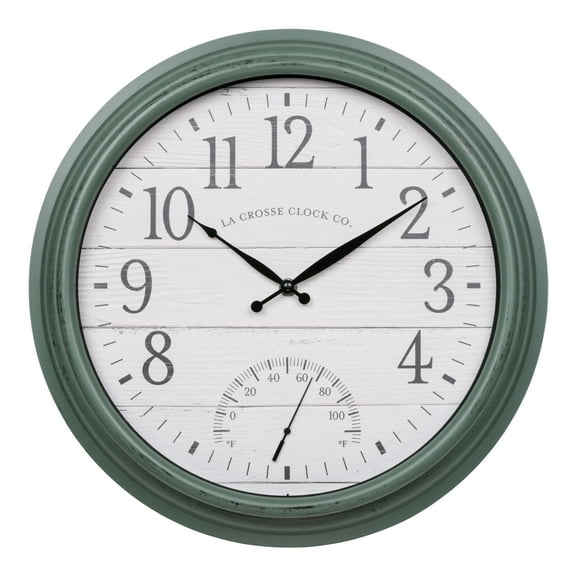La Crosse Technology 15.75 In. Indoor/Outdoor Quartz Sagebrook Green Wall Clock with Temperature, 404-3840SG