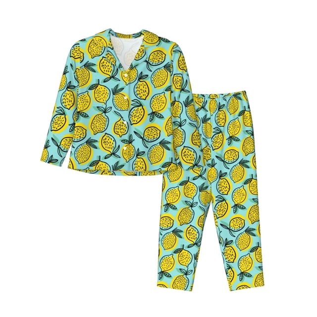 Kdxio Lemon1 Print Womens Pajamas Set Button Down 2 Piece Pjs Long Sleeve Oversized Sleepwear with Pockets-Large