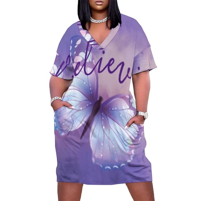 Believe ~ Vestido de mujer con bolsillo grande, vestido de mariposa, vestido de verano morado pastel diario para mujeres embarazadas