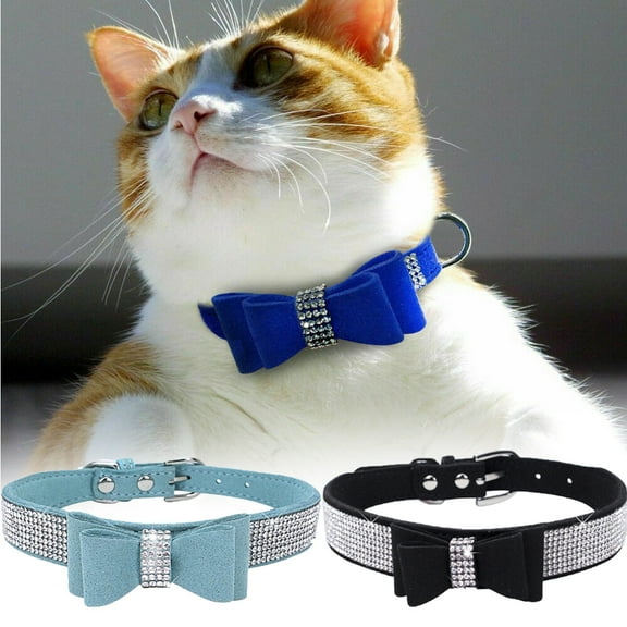 Cdar Faux Suede Leather Rhinestone Diamante Dog Collar Soft Bow Tie Cat Puppy Small Pet