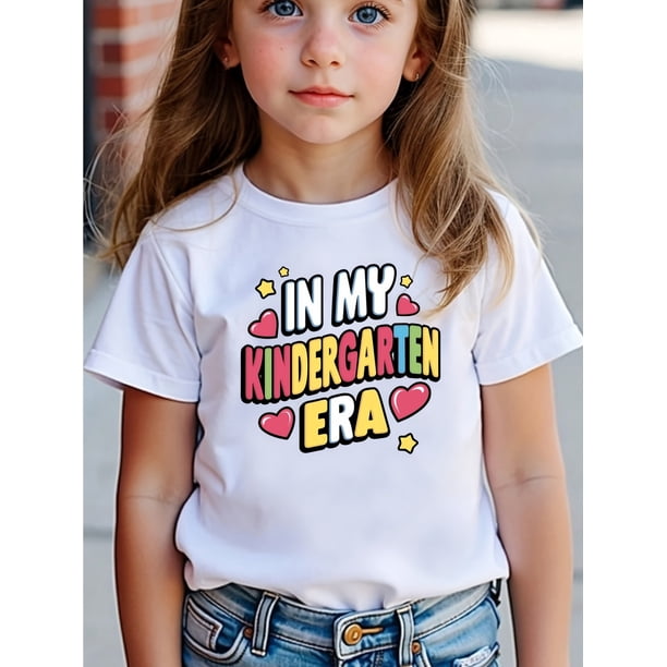 "IN MY KINDERGARTEN ERA"Young Girls' Casual Fashionable Letter Printed Short Sleeve T-Shirt Back to School First Day