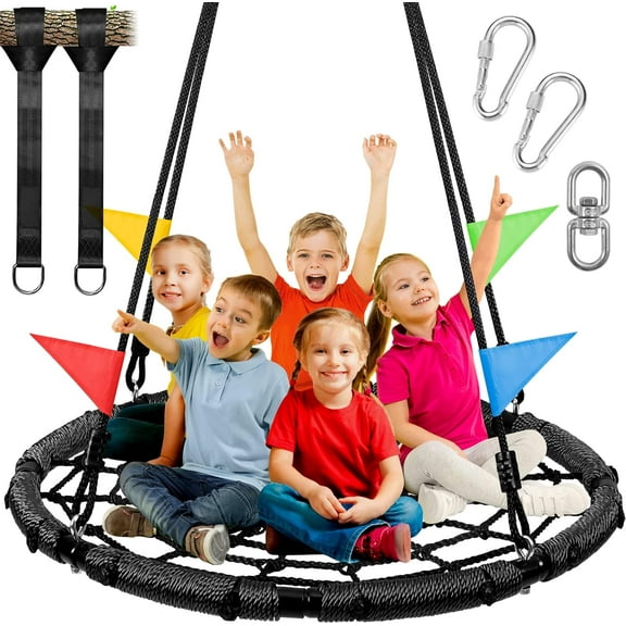 Spider Web Tree Swing for Kids and Adult, Outdoor Saucer Net Round Swing with Steel Frame and 2 Hanging Straps and Turnbuckle - 43in Large Platform for Backyard Park Travel