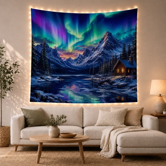 Snowy Mountain with Aurora and Cozy Cabin, Majestic Rustic for Nature Lovers, Mountain Wall Art Decor, Holiday Gift, Tapestry Wall Hanging for Bedroom and Living Room