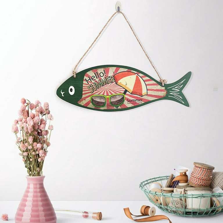 VOSS Summer Wooden Fish Welcome Sign Nautical Wall Art Decor Hanging Vintage  Fish Ornament Sign Decor Sign Home Bathroom Office Beach Hawaii Themed  Decoration 