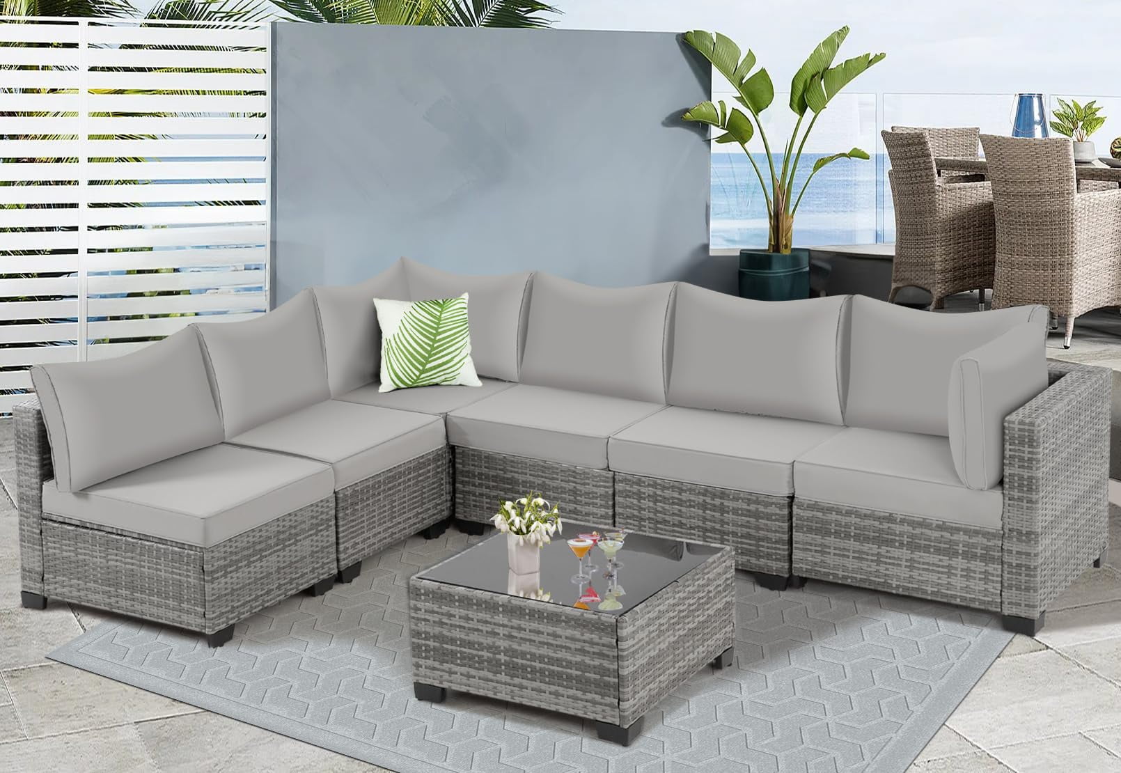 FHFO 7 Pieces Outdoor Patio Furniture Set, Wicker Sectional Sofa Set Rattan Modular Patio Conversation Sets with Cushions Couch Set & Coffee Table for Outside, Garden, Balcony, Porch, Grey/Gray