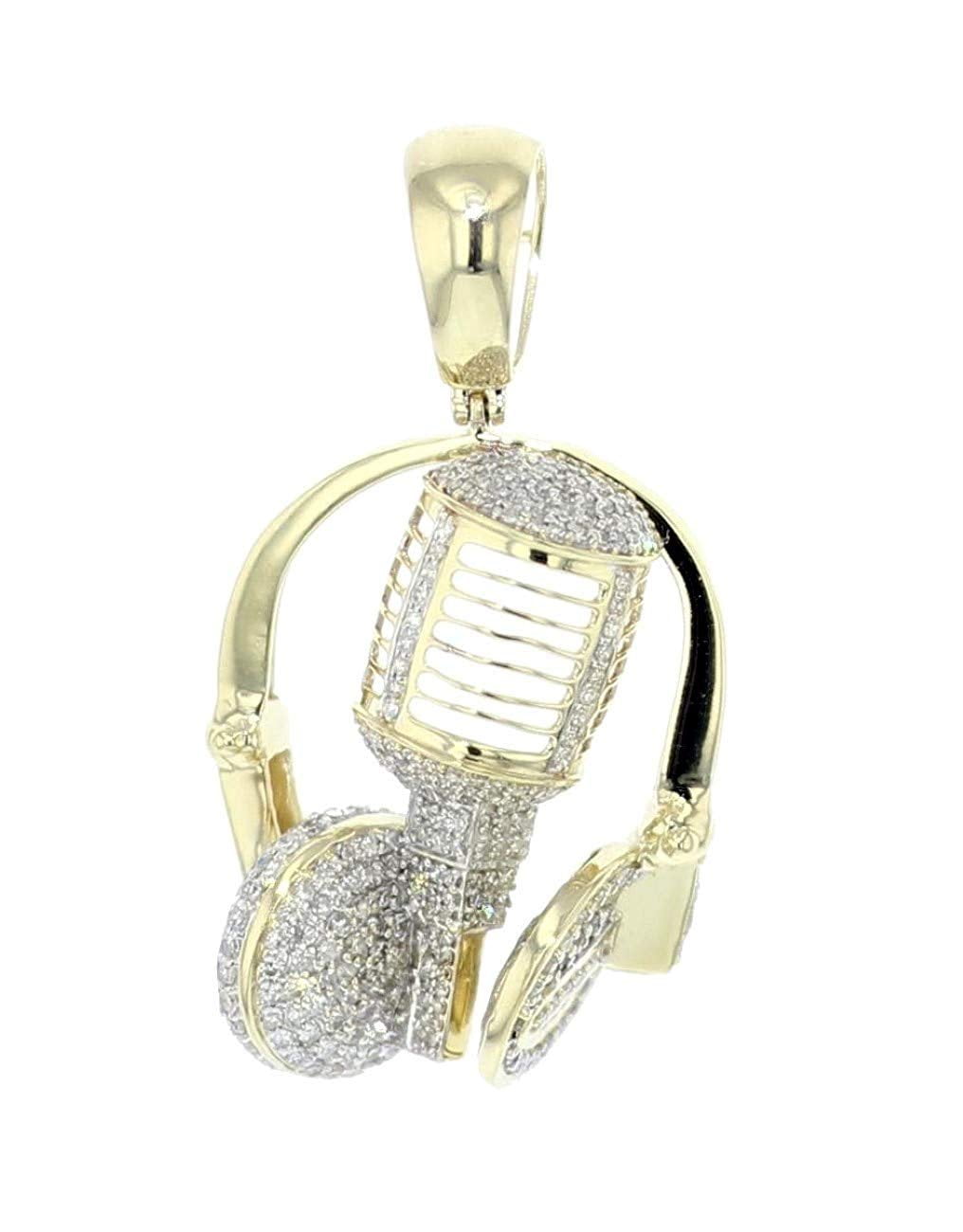 10K Yellow Gold 1.65 Inch DJ Headphone & Microphone Diamond Pendant Charm 1.35ctw 42mm Tall