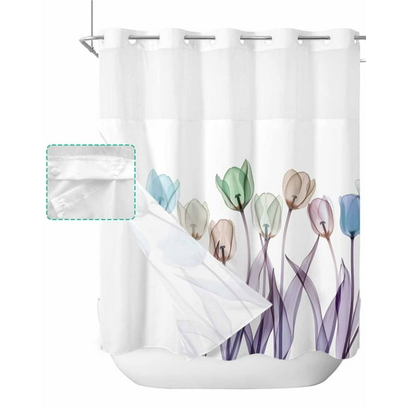 No Hook Shower Curtain with Snap in Liner, Watercolor Tulip Flower Pattern Hotel Shower Curtains for Bathroom, Washable Shower Curtain Liner Set with Mesh Top Window, 66"x72"