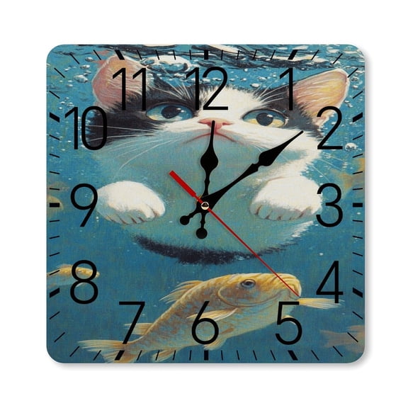 RKSupls 10×10inch Square Silent Wall Clock Wooden Frame, Cat Underwater Goldfish Scale Decorative Clock for Home Bedroom Living Room Office
