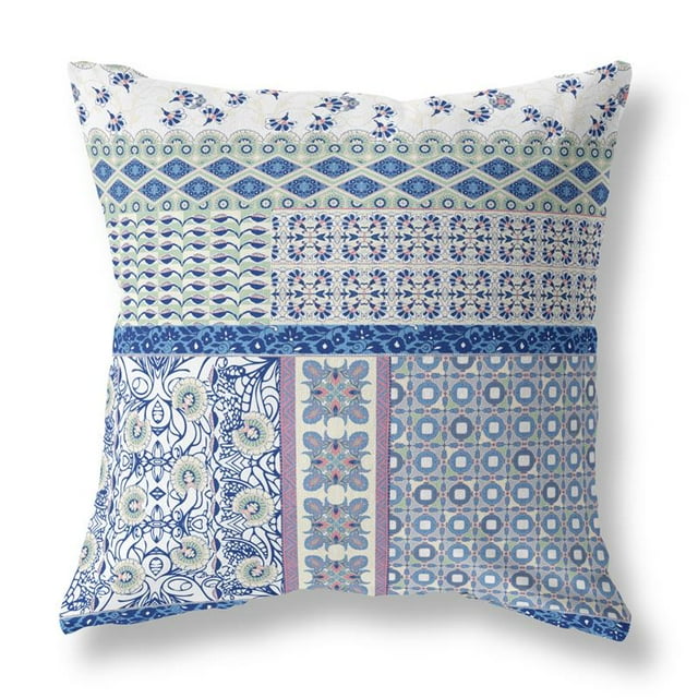 Oreiller en Tissu Patchwork Château de Fleurs avec Zip -Blanc Bleu 18x18