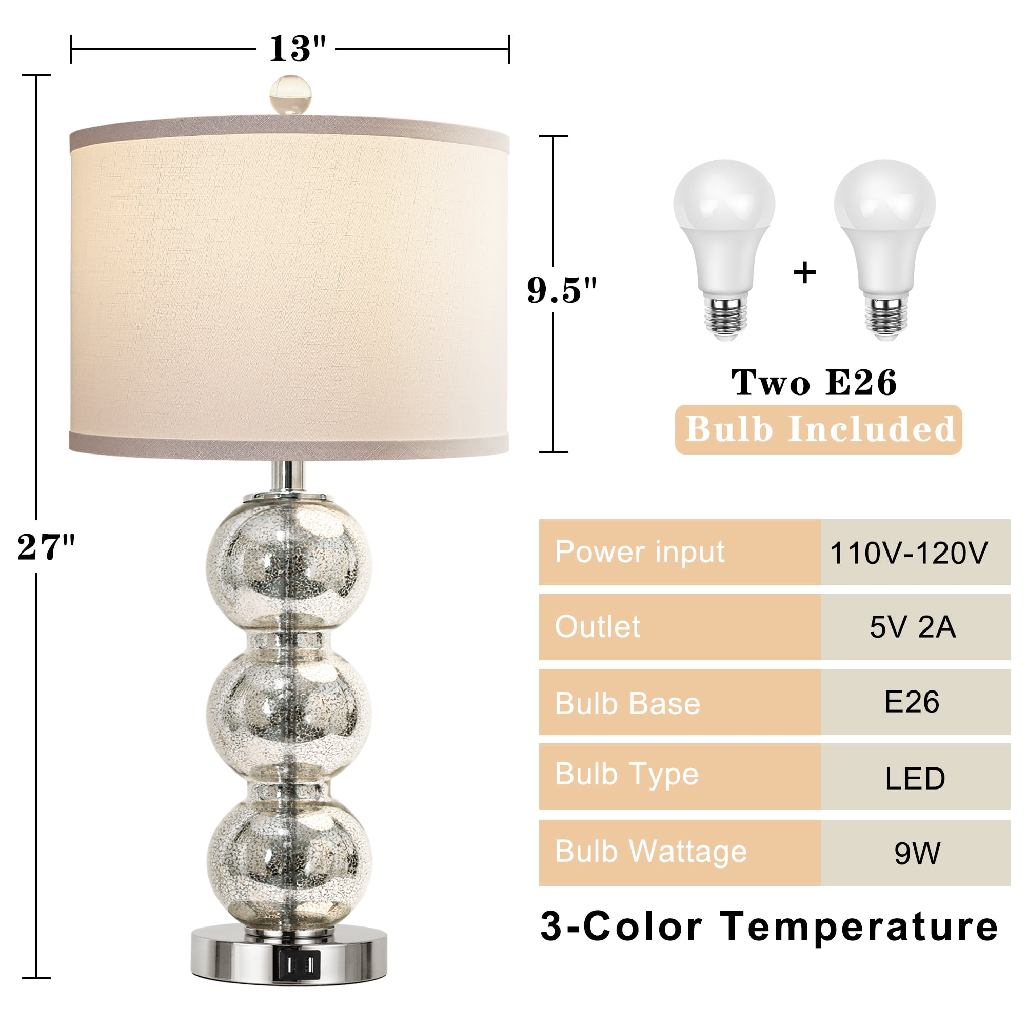 27" Glass Table Lamps Set of 2 for Bedroom Living Room Office (Bulbs Included)