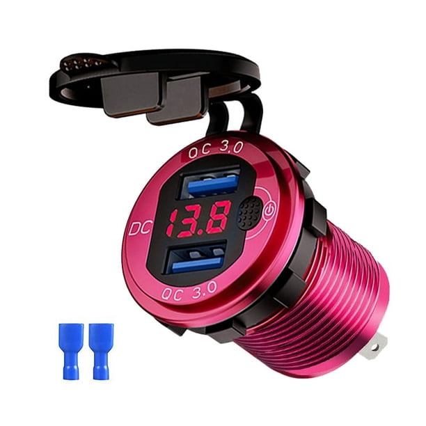 Quick Charger Aluminum QC3.0 Dual USB Car Charger with Switch Button LED Voltage Display for 12V/24V Cars Boats Motorcycle
