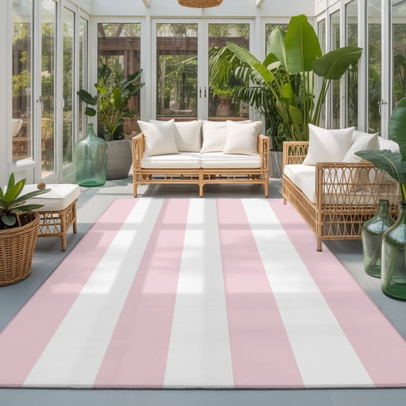 Pink Stripe Washable Living Room Rugs 8'x10', Modern Minimalist Geometric Wide Horizontal Lines Washable Throw Large Area Rug Non-Slip Sturdy Edge Binding Carpet for Bedroom Dining Room Office