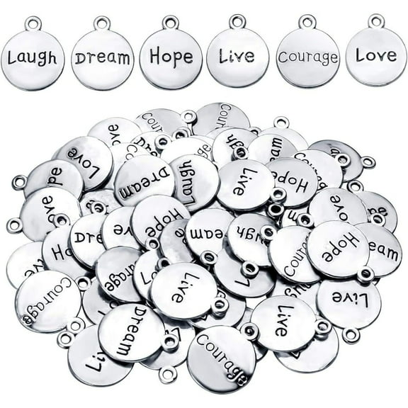 60pcs Inspirational Words Pendants Round Double-sided Lettering Charms Jewelry Findings for Crafting Necklace Bracelet,Antique Silver