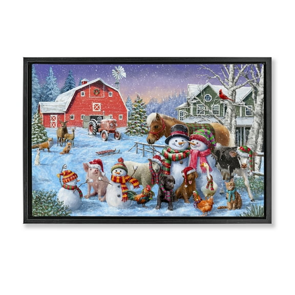 Stupell Industries Snowman & Dogs Family Holiday Painting Black Floater Framed Canvas Art Prints Wall Art, 25 x 17