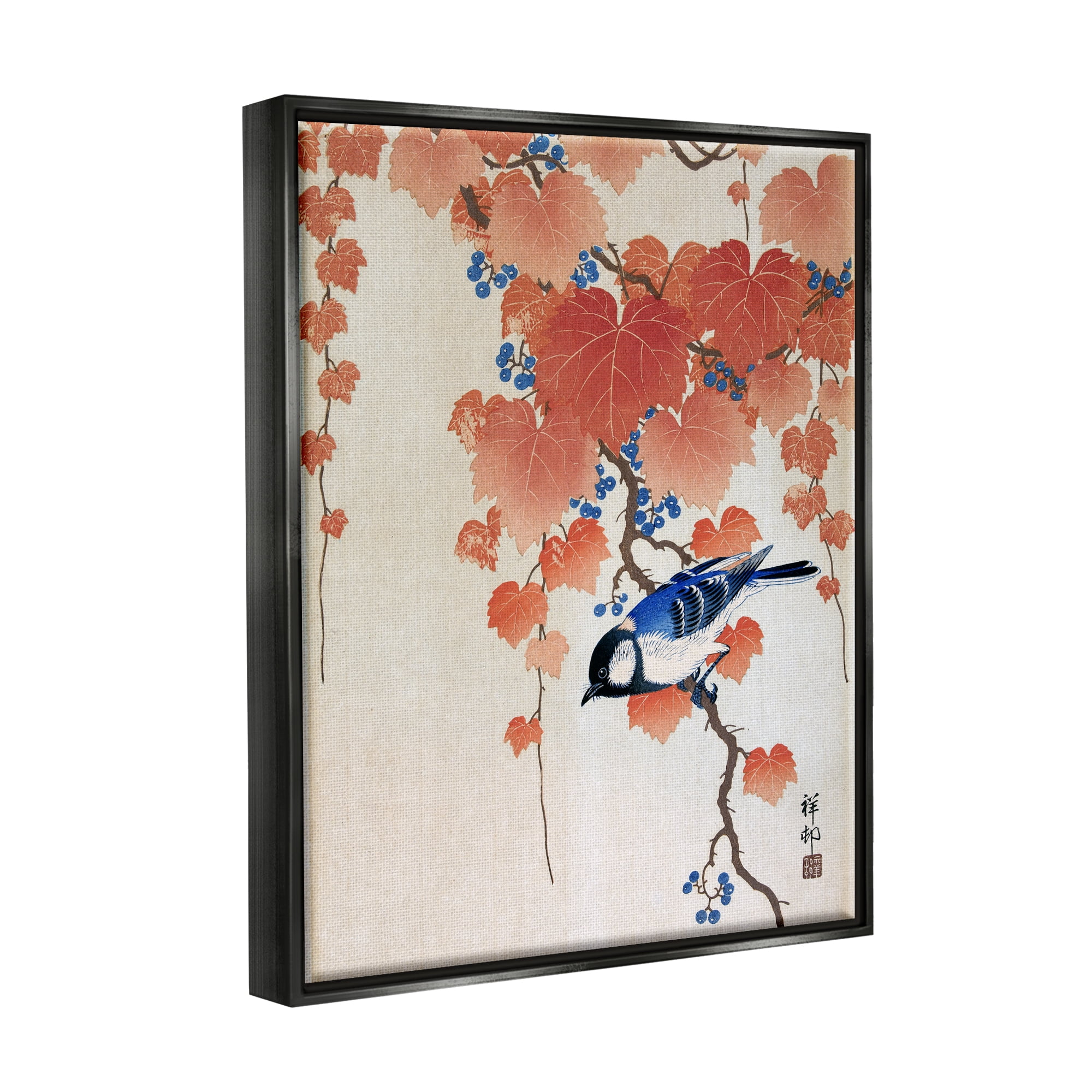 Stupell Industries Koolmees op Paulownia Tak Ohara Koson Classic Bird Painting Painting Jet Black Floating Framed Canvas Print Wall Art, Design by one1000paintings