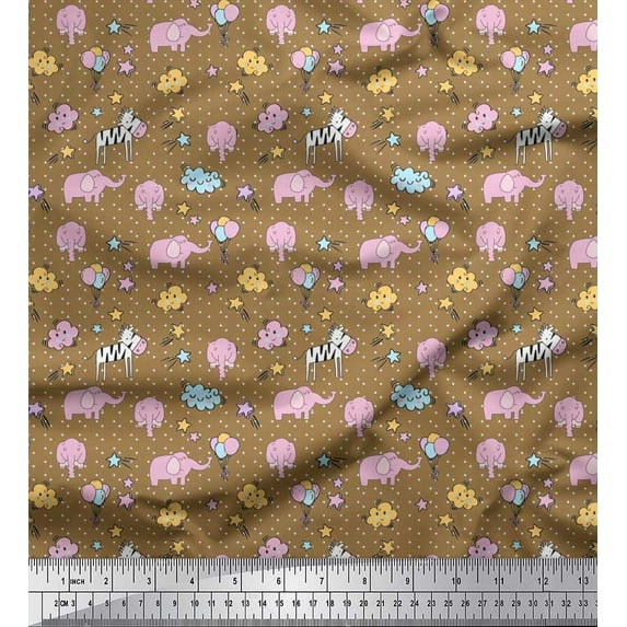 Soimoi Crepe Silk Fabric Cloud,Star & Cute Elephant Kids Print Fabric by The Yard 42 Inch Wide