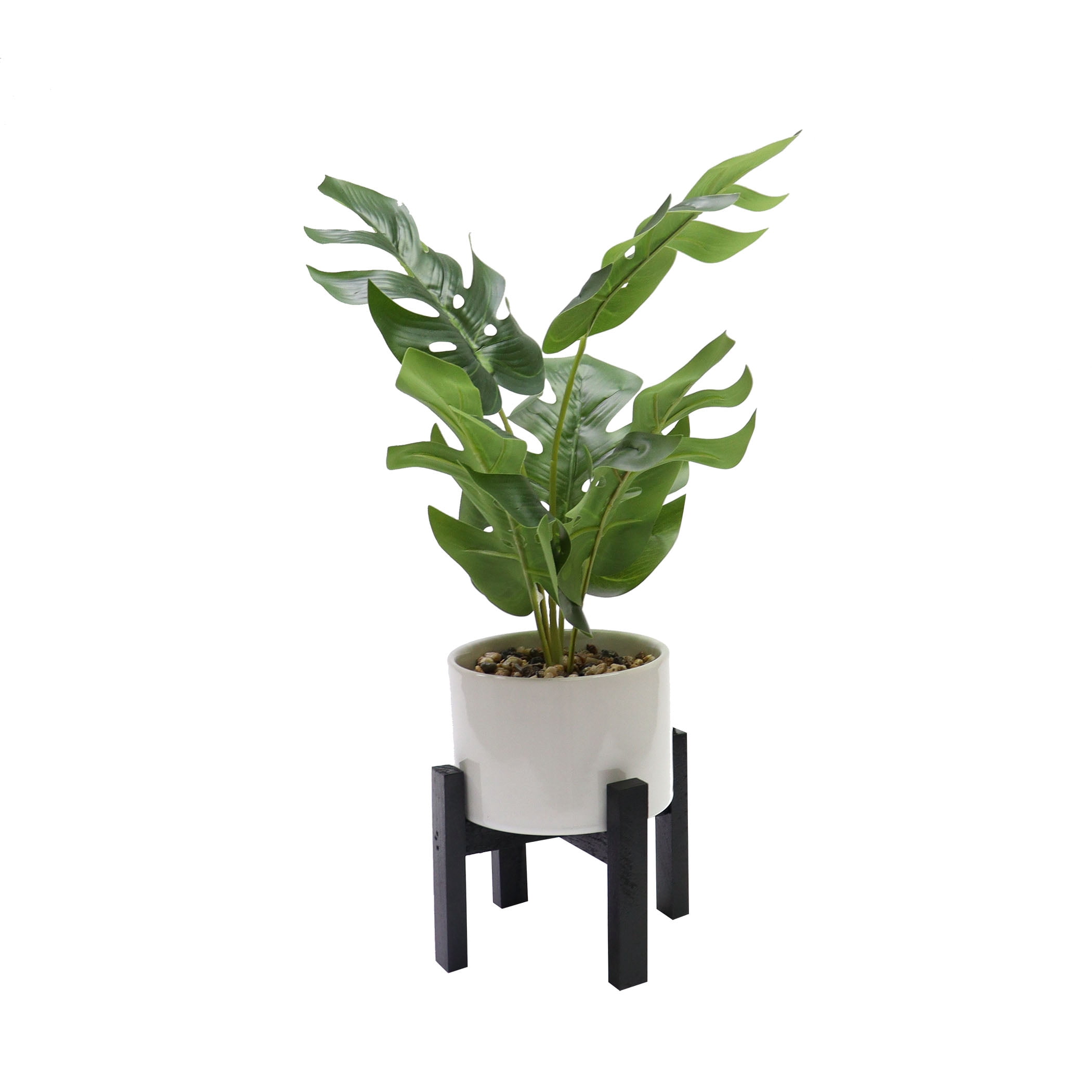 Nature's Mark 12.3”H Artificial Monstera Greenery in White Ceramic Planter with MDF Stand