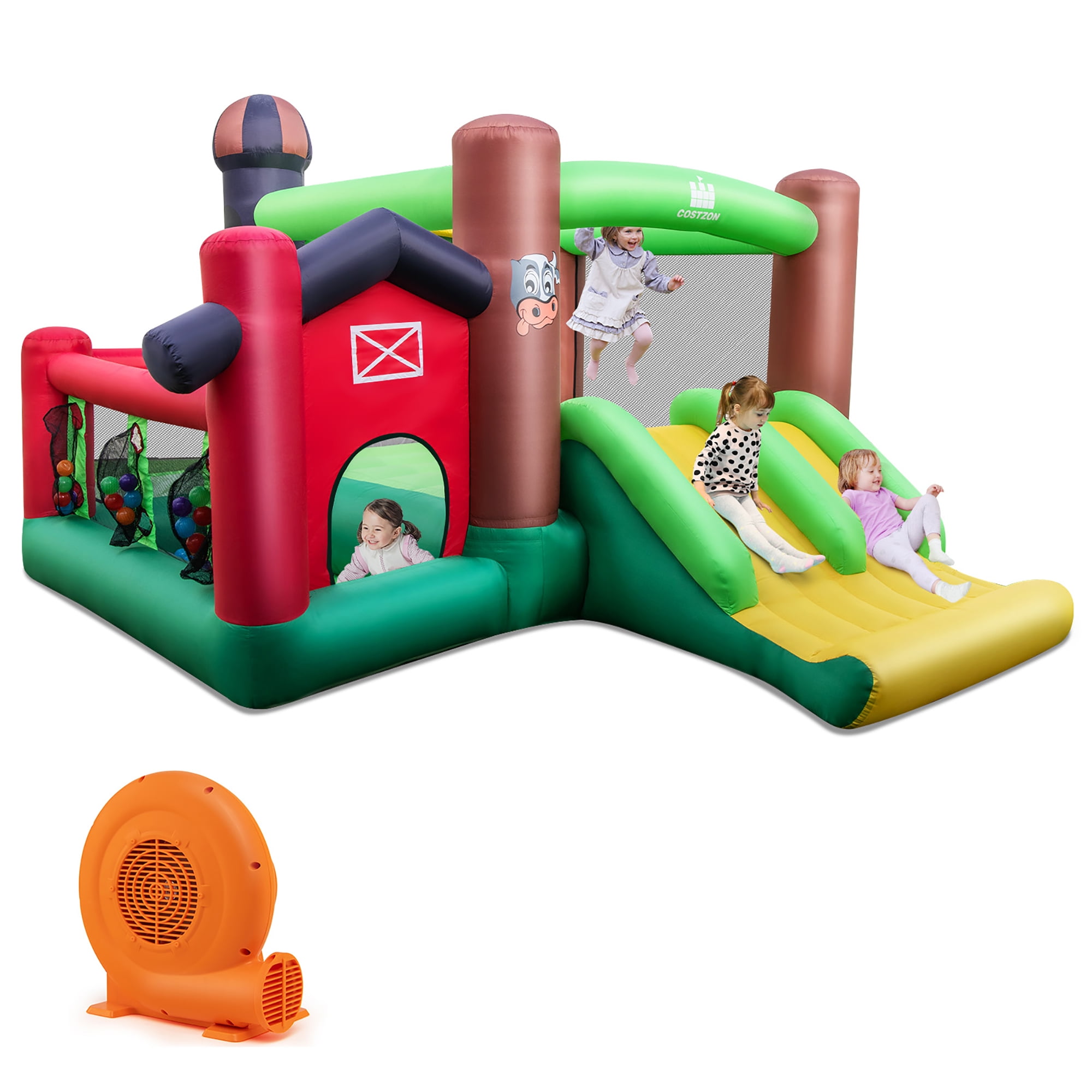 COSTWAY – Château Gonflable Donut Avec 2 Toboggans, Mur D'Escalade Et Panier De Basket, Pour Enfants De 3 à 12 Ans