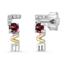Gem Stone King 925 Sterling Silver and 10k Yellow Gold Red Rhodolite Garnet and White Lab Grown Diamond Love Word Stud Earrings for Women (0.20 Cttw, Gemstone Birthstone, Round Cut 2.5MM)