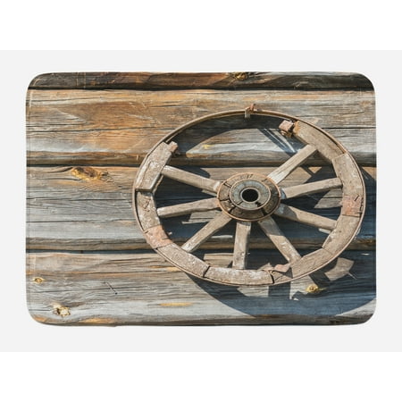 - Barn Wood Wagon Wheel Bath Mat, Old Log Wall with Cartwheel Telega Rural Countryside Themed Image, Non-Slip Plush Mat Bathroom Kitchen Laundry Room Decor, 29.5 X 17.5 Inches, Umber Beige, Ambesonne