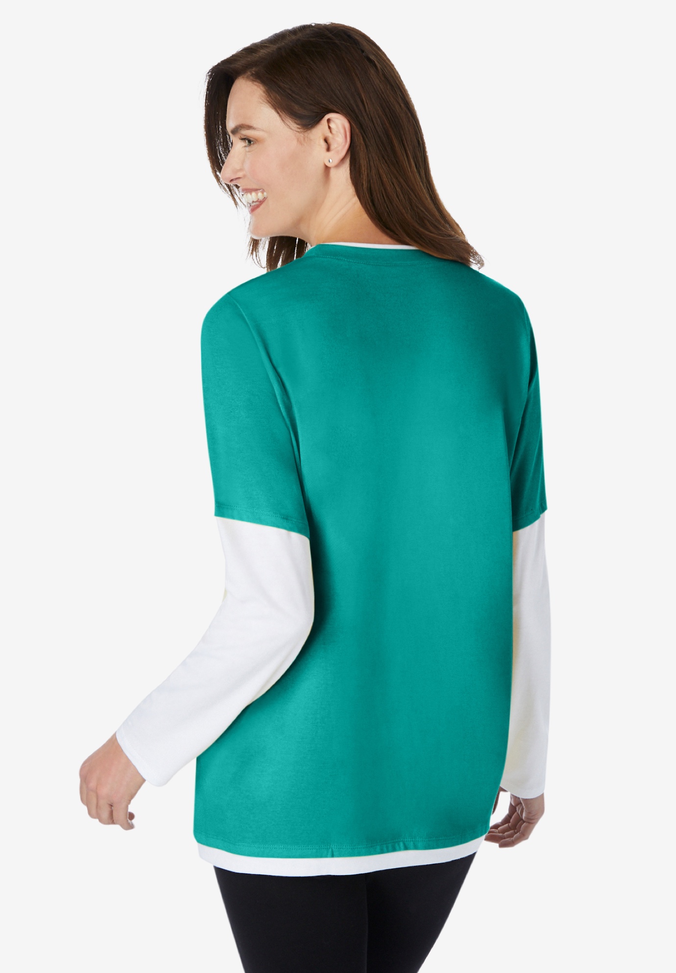 Woman Within Plus Size Layered-Look Sweatshirt - Relaxed Fit Ribbed Crew Neck Pullover (28" Length)