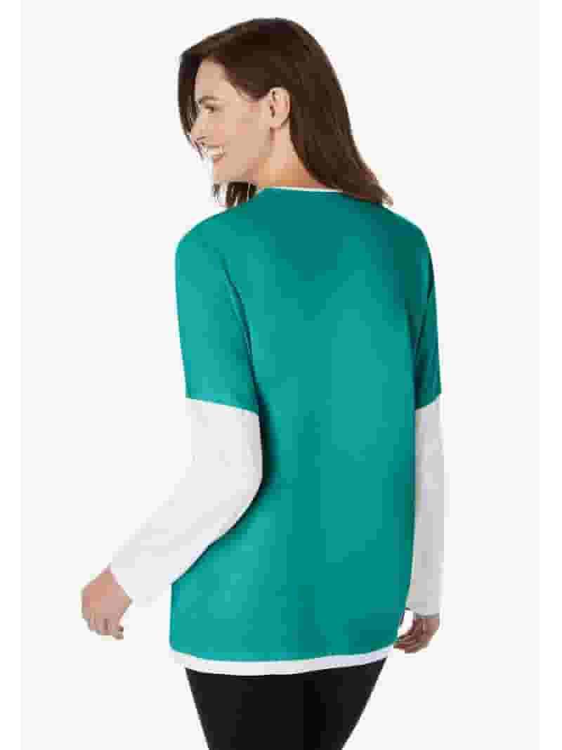 Woman Within Plus Size Layered-Look Sweatshirt - Relaxed Fit Ribbed Crew Neck Pullover (28" Length)