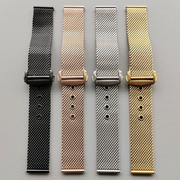 Correa de reloj de malla de acero inoxidable con hebilla plegable estilo seda de 20 a 22 mm y hebilla de mariposa