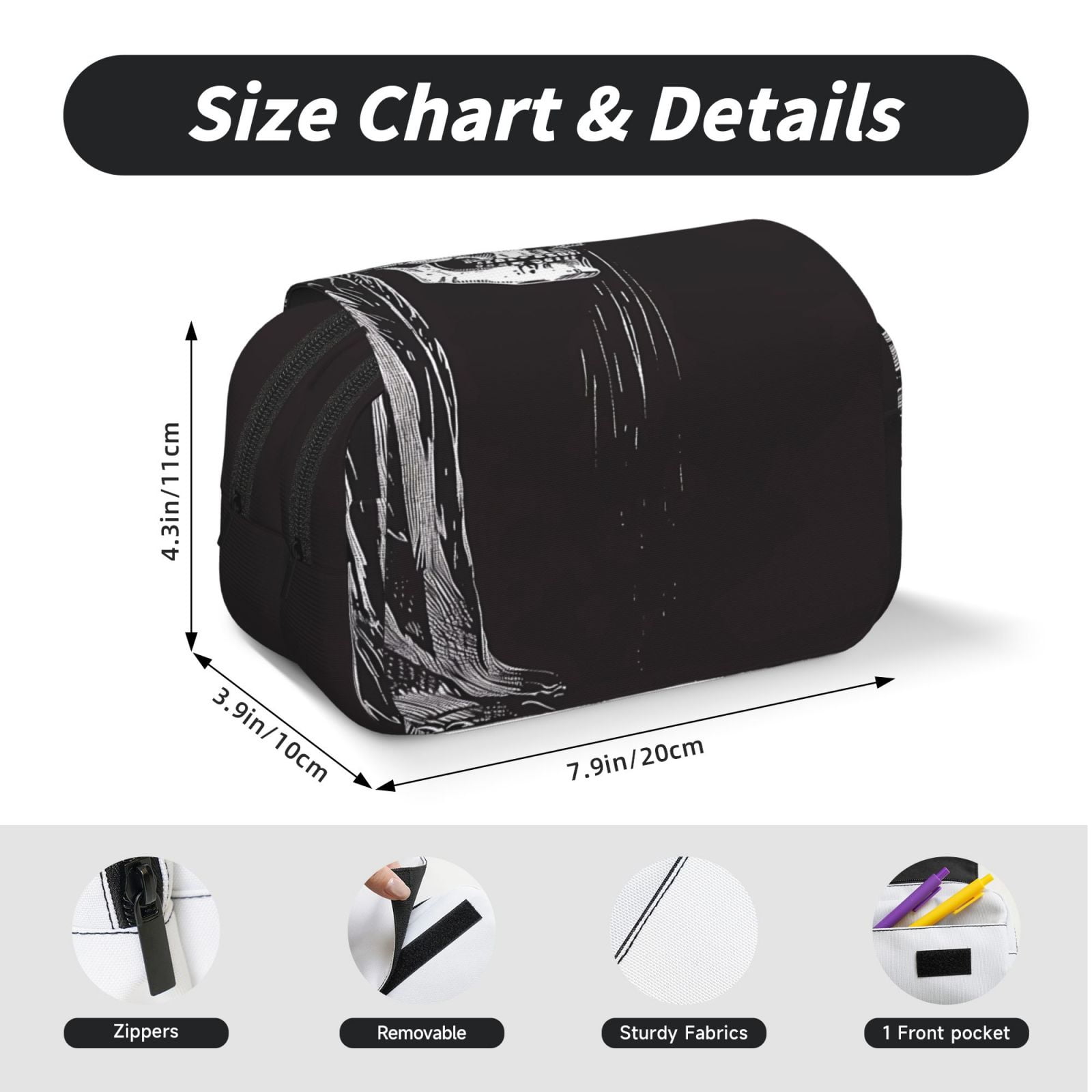 Rateoe Gothic Skull Drape Pattern Double Clamshell Pen Case, Storage Organizer with Two Zipper Compartments– Holds Up to 50 Pencils & Pens
