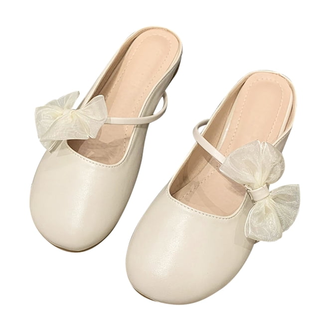 Zapatillas de verano para niñas, medias zapatillas planas con decoración de lazo, cabeza redondeada, color puro, suaves, de tacón bajo, para compras de fiesta, albaricoque 37