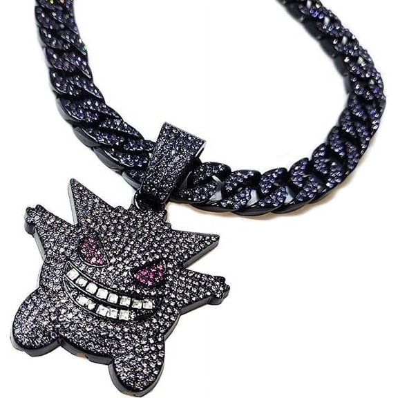 Hip Hop Cubic Zirconia Stone Purple Gengar Pendant & 14mm 20" Iced Cuban Chain Necklace Luxury Gift