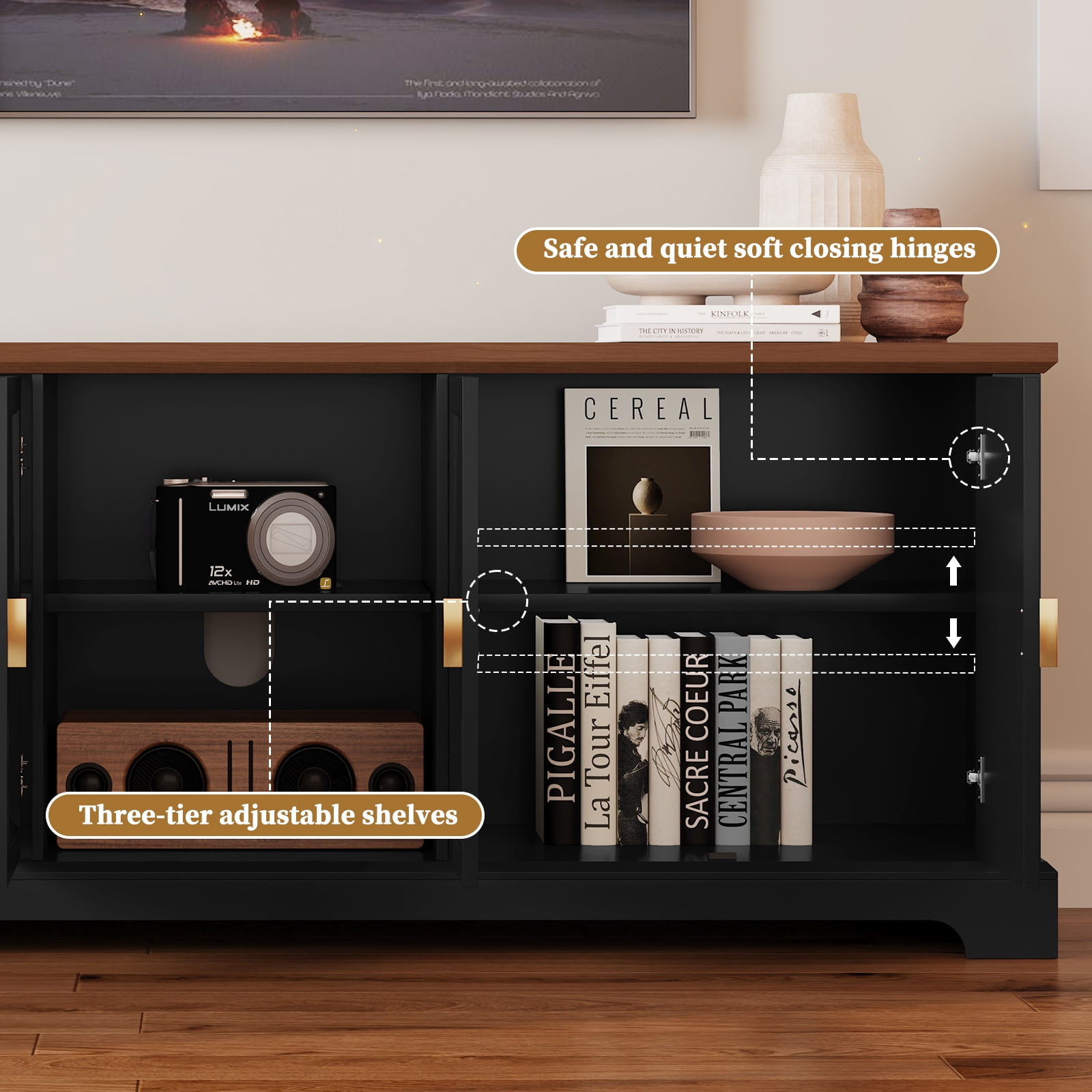 HLR Black 67" Modern Farmhouse TV Stand, Wood Entertainment Center for 75 In TV for Living Room