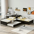 thumbnail image 2 of Euroco Wood  Kids Twin Size L-Shaped Platform Beds with Square Storage Table & Trundle, Espresso, 2 of 13