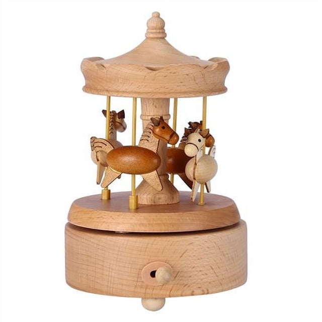 Encantadora caja de música de carrusel, figura musical de cuerda de madera de haya de primera calidad para exhibición en la mesa