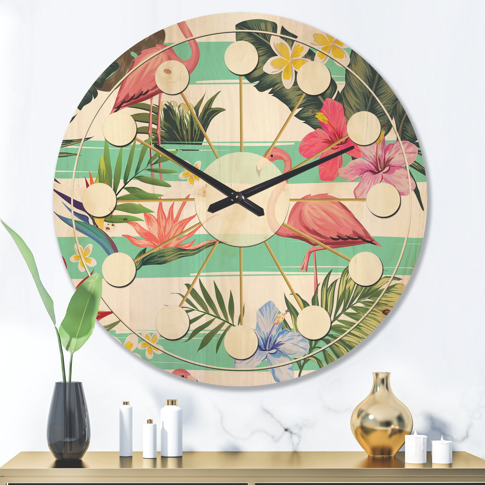 Designart 'Tropical Botanicals, Flamingo and Flowers' Mid-Century Modern Wood Wall Clock