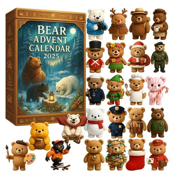 a Bear Advent Calendar 2025, 24 Days Christmas Countdown with 2D Acrylic Bear Ornaments, Cute Holiday Decors Box for Families, Festive Winter Animal Advent Calendar Decor