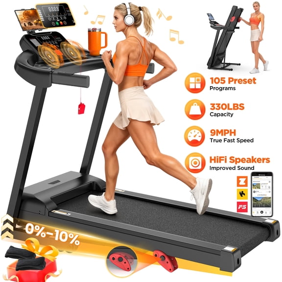 Electric Folding Treadmill for Home with Adjustable Incline & APP, 9MPH Speed, 330lbs, HiFi Bluetooth Speakers, 3.75HP Foldable Compact Treadmill Walking Running Machine