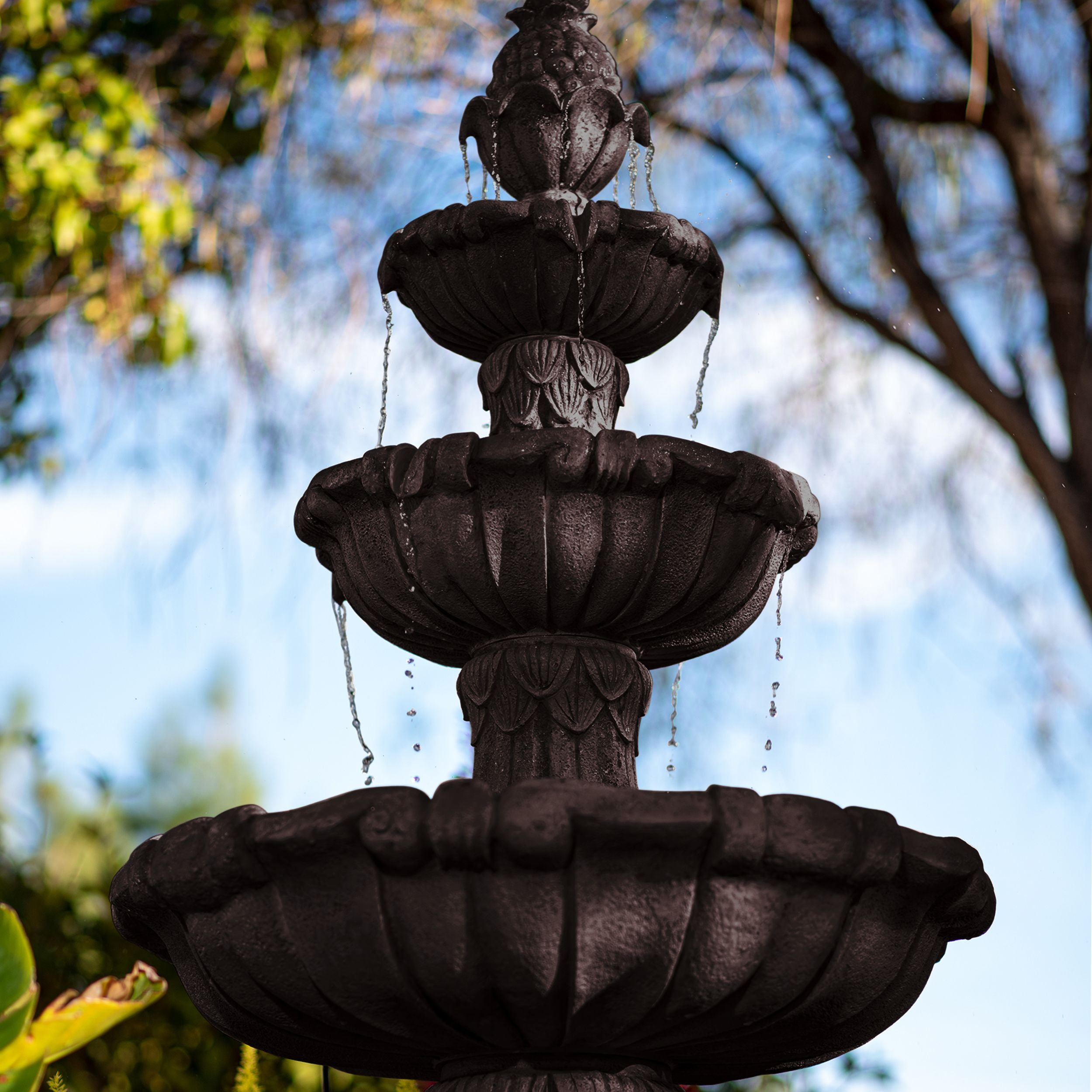 58.3" 3-Tier Electric Outdoor Freestanding Water Fountain - Classic Leaf Design, Brown Resin with Pump