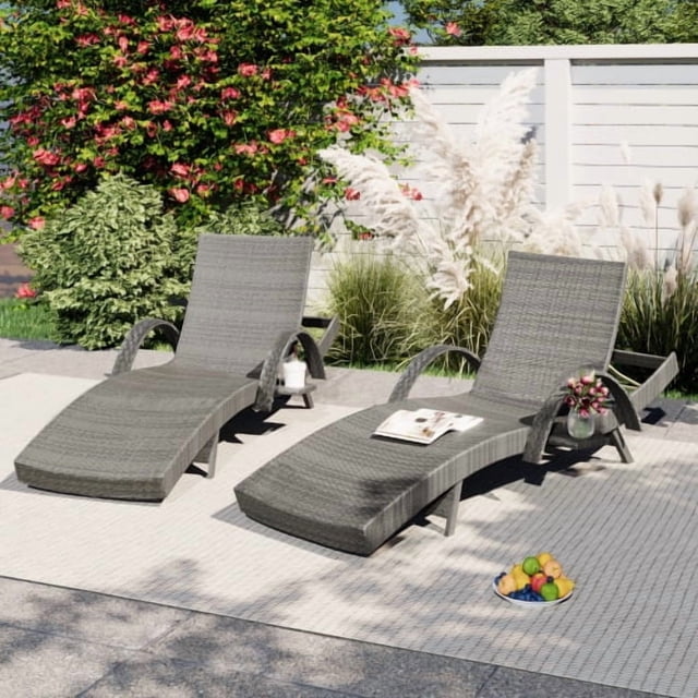 K&K 80'' Outdoor Wicker Chaise Lounge Chairs Set of 2, Patio Rattan Reclining Chair Pull-out Side Table 5 Adjustable Backrest Ergonomic Wave Design Pool Sunbathing Recliners, Grey