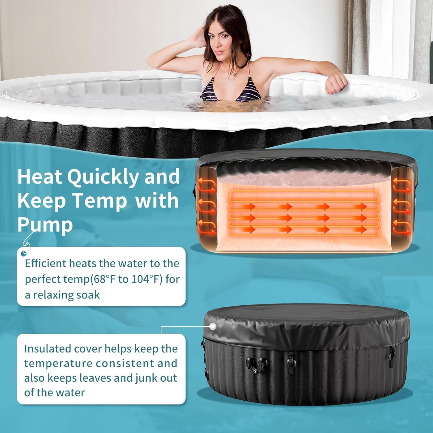 211 Gallon Inflatable Hot Tub 4 Person Round with LED Lights, Portable Outdoor AirJet Hot Tub Spa with 110 Bubble Jets, Filter, Insulated Tub Cover and Floor Protector, Temperature up to 104°F