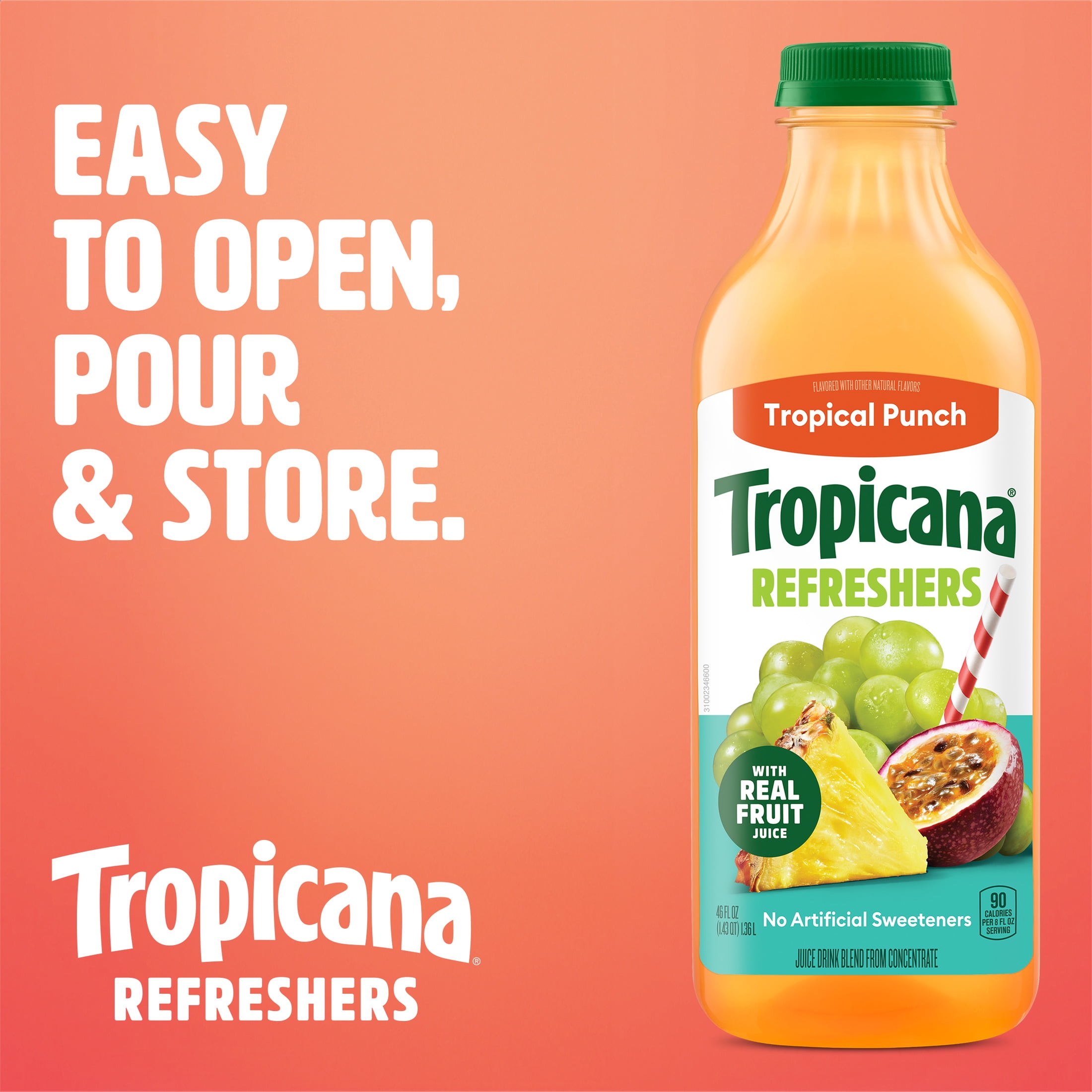 Tropicana Refreshers Tropical Punch Juice Drink, with Real Fruit Juice, 46 fl oz Bottle