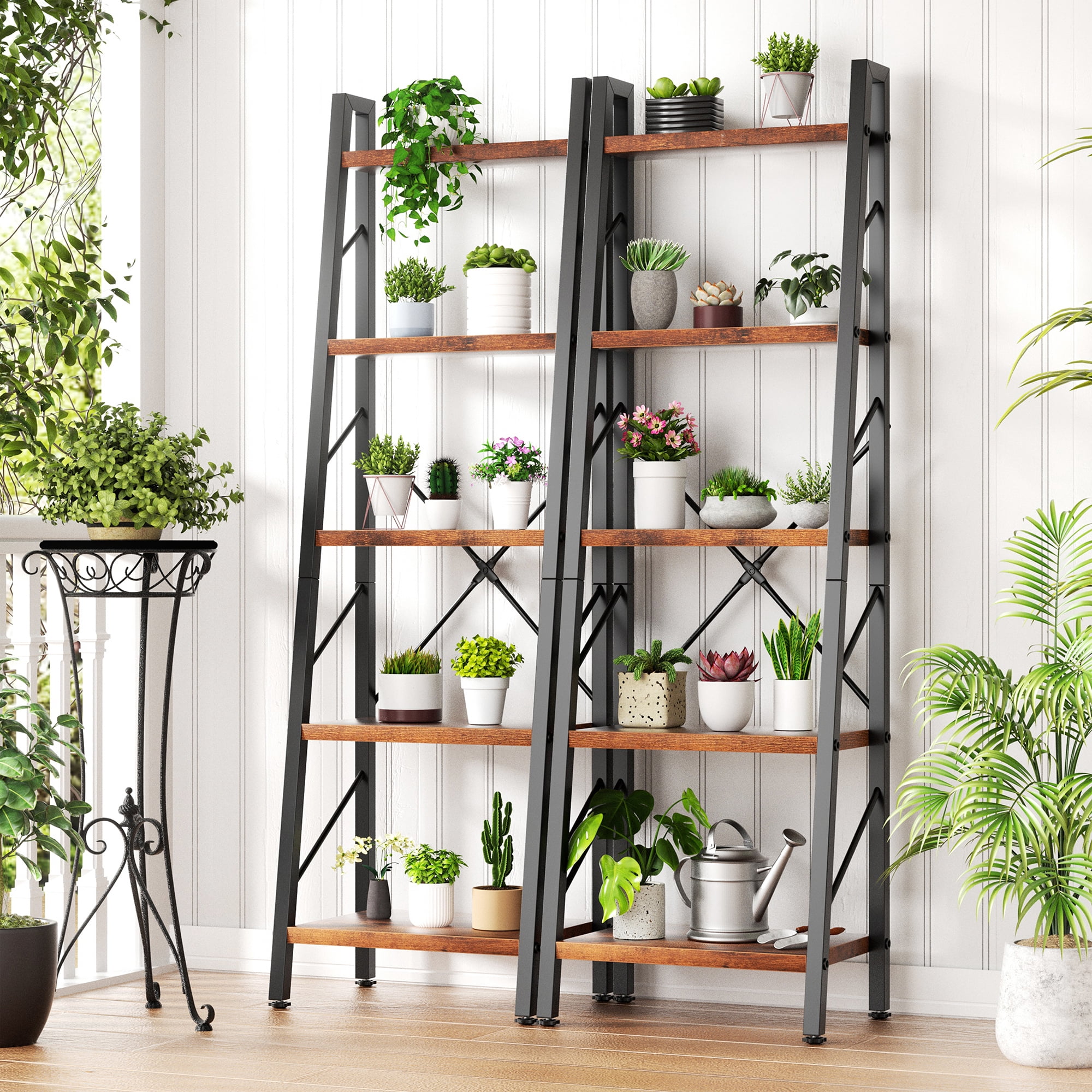 Walsunny Ladder Bookshelf Organizer, Solid Rubberwood Frame, Espresso Finish, 16.7" D x 12" W x 55.8" H