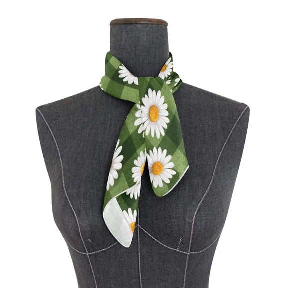 Square Scarf 24x24 Inch Cute Daisies on A Green Checkered Silky Satin Sun Protection Neck Scarf for Women Multi-Purpose Head Wrap Bandana for Hair Bag Decoration