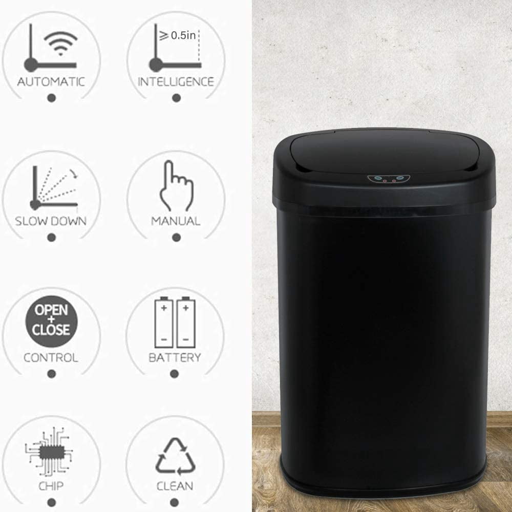 Touch Free 13 Gallon Stainless Steel Automatic Sensor Trash Can No Touch Garbage Can Kitchen Waste Bin High-Capacity Bathroom Trash Can with Lid for Home Bedroom Office,Powered by Battery,Black