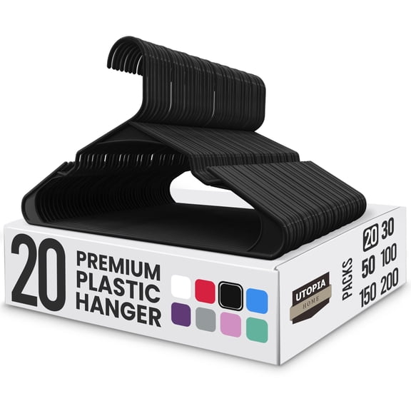 Utopia Home Plastic Hangers 20 Pack - Perfect Space Saving Clothes Hanger - Durable And Strong - Perfect Closet Organizers With Shoulder Grooves Black