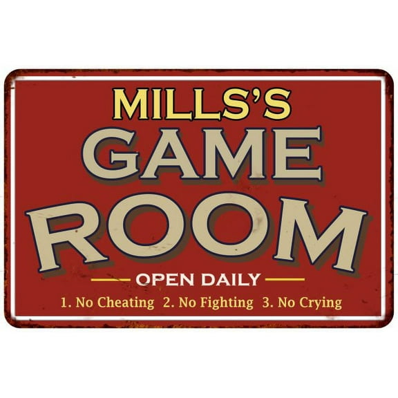 MILLS'S Game Room Sign Vintage Look 8 x 12 High Gloss Metal 208120001299