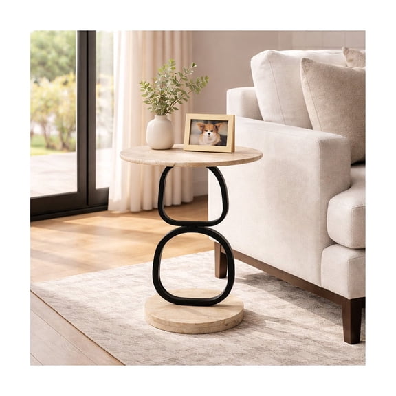 Sagebrook Home Marble Top and Metal Base Round End Side Table for Home Decor - Modern Accent for Bedroom and Living Room - 23", Tan & Black
