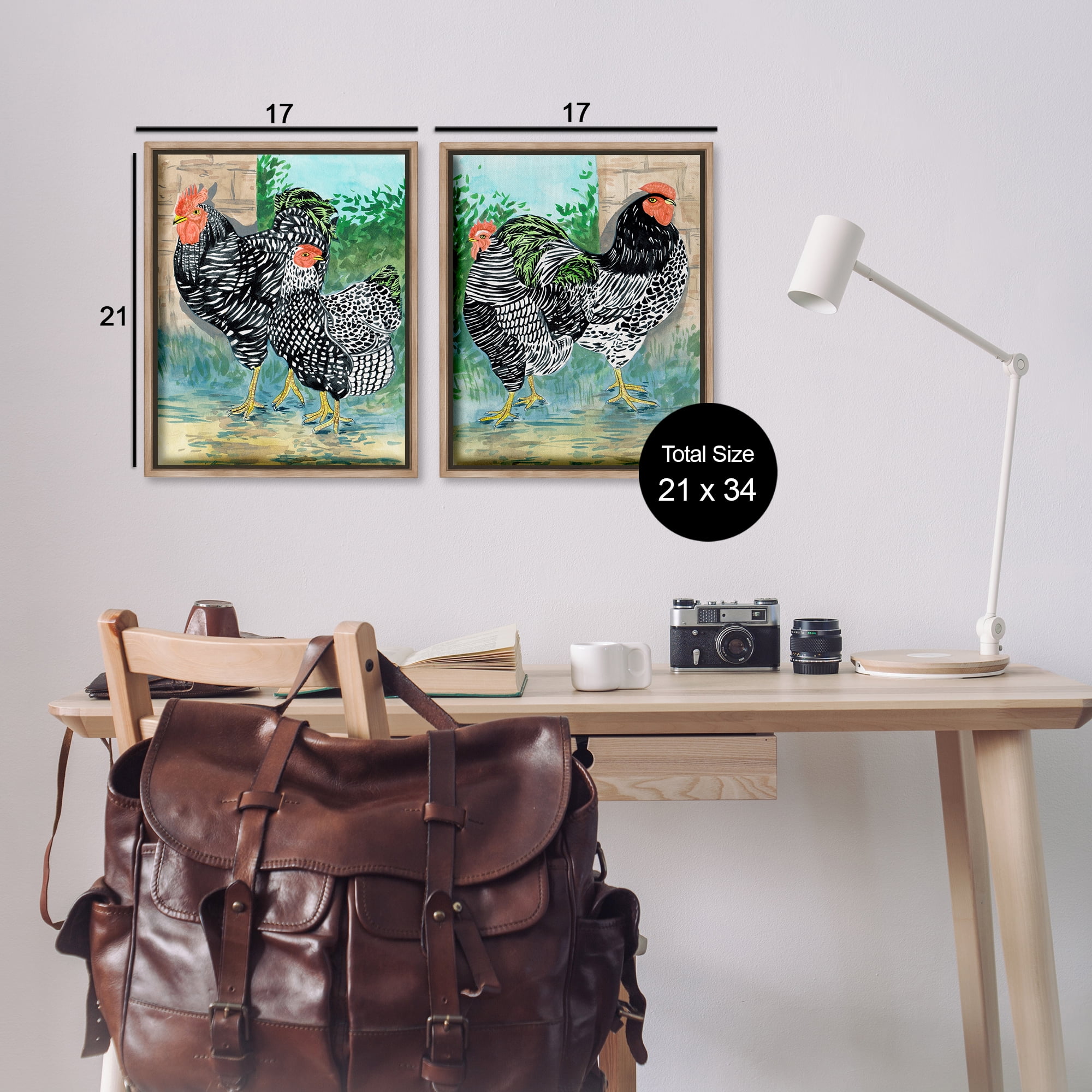 Stupell Industries Rooster and Hen Foraging Animals Painting Brown Floater Framed Canvas Art Print Wall Art, 17 x 21, Set of 2
