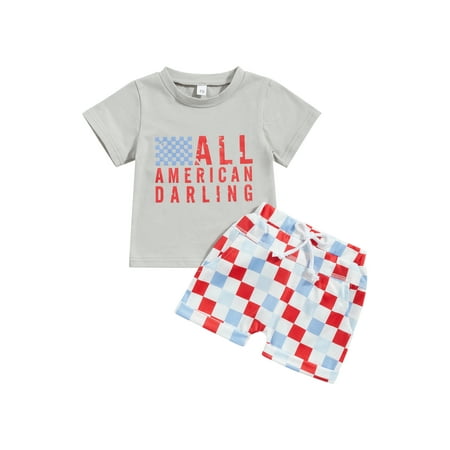 

Calsunbaby 4th of July Infant Boy Girl Ouftifs Letter Print T-Shirts and Contrast Color Checkerboard Shorts 2Pcs Set Newborn