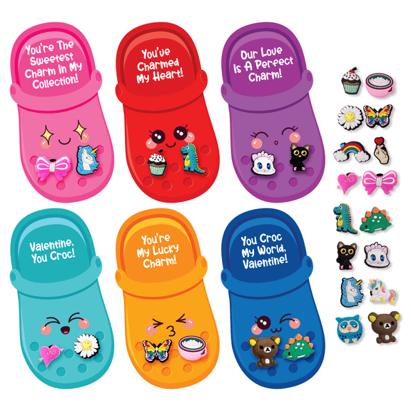 4E's Novelty 48 Pcs Classroom Valentines Cards with 96 Shoe Charms, Valentines Gifts for Kids School