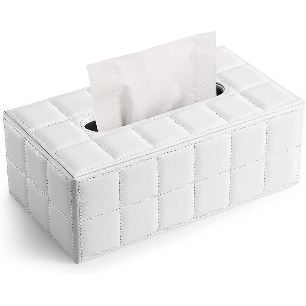 Funda rectangular de piel sintética de alta gama para caja de pañuelos, dispensador de cubos de pañuelos faciales, contenedor decorativo de cubierta de pañuelos (blanco)